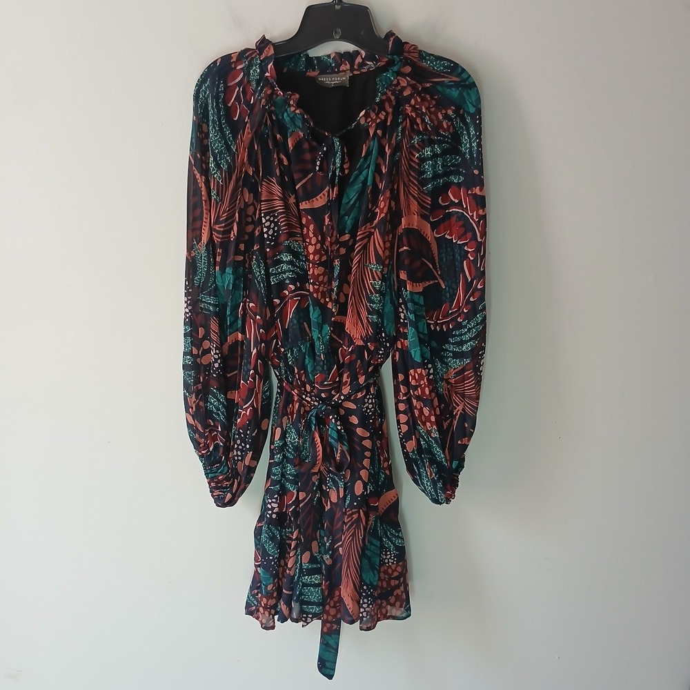 Dress Forum Women's Size Large Floral Midi Ruffle Hem Dress Balloon Sleeve Lined